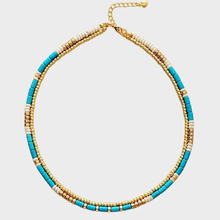 קולר “גלי טורקיז” – שרשרת חרוזים דו־שכבתית בציפוי זהב