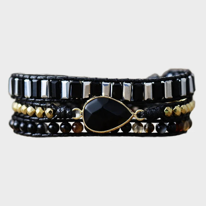 צמיד עור משולב קריסטלים – סגנון אתני 3 שכבות