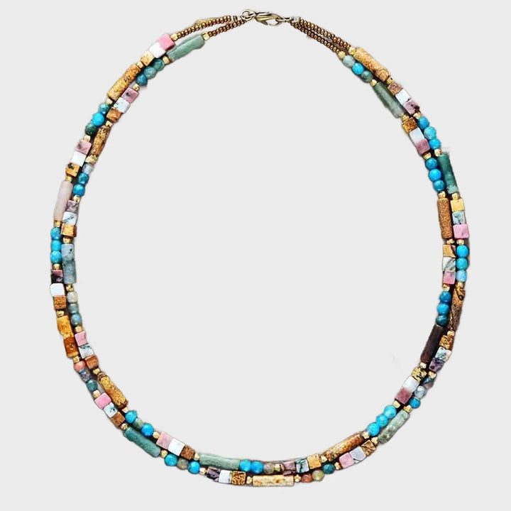 קולר “פסיפס בוהו” – חרוזי אבנים טבעיות