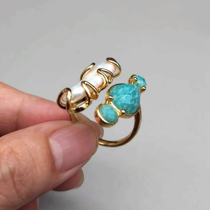 טבעת פנינה ואמזוניט דגם דוריה
