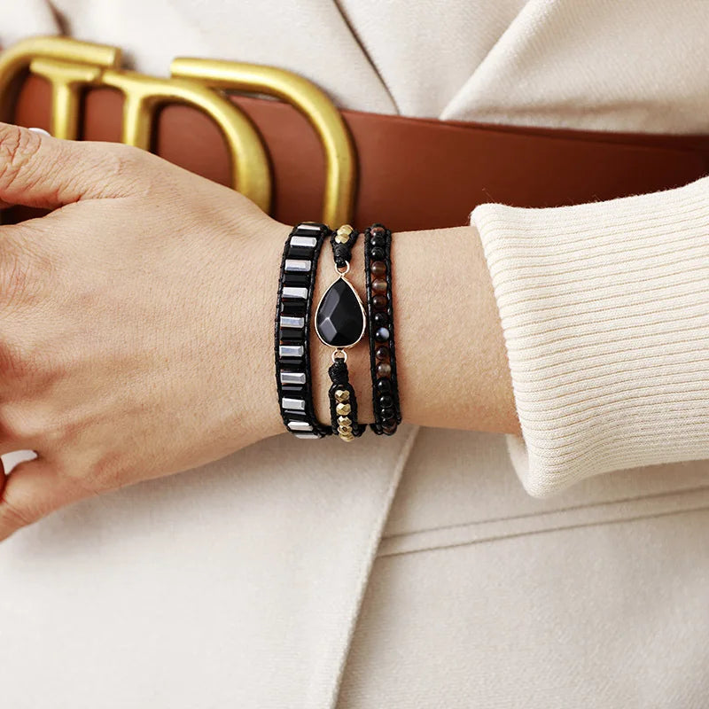 צמיד עור משולב קריסטלים – סגנון אתני 3 שכבות