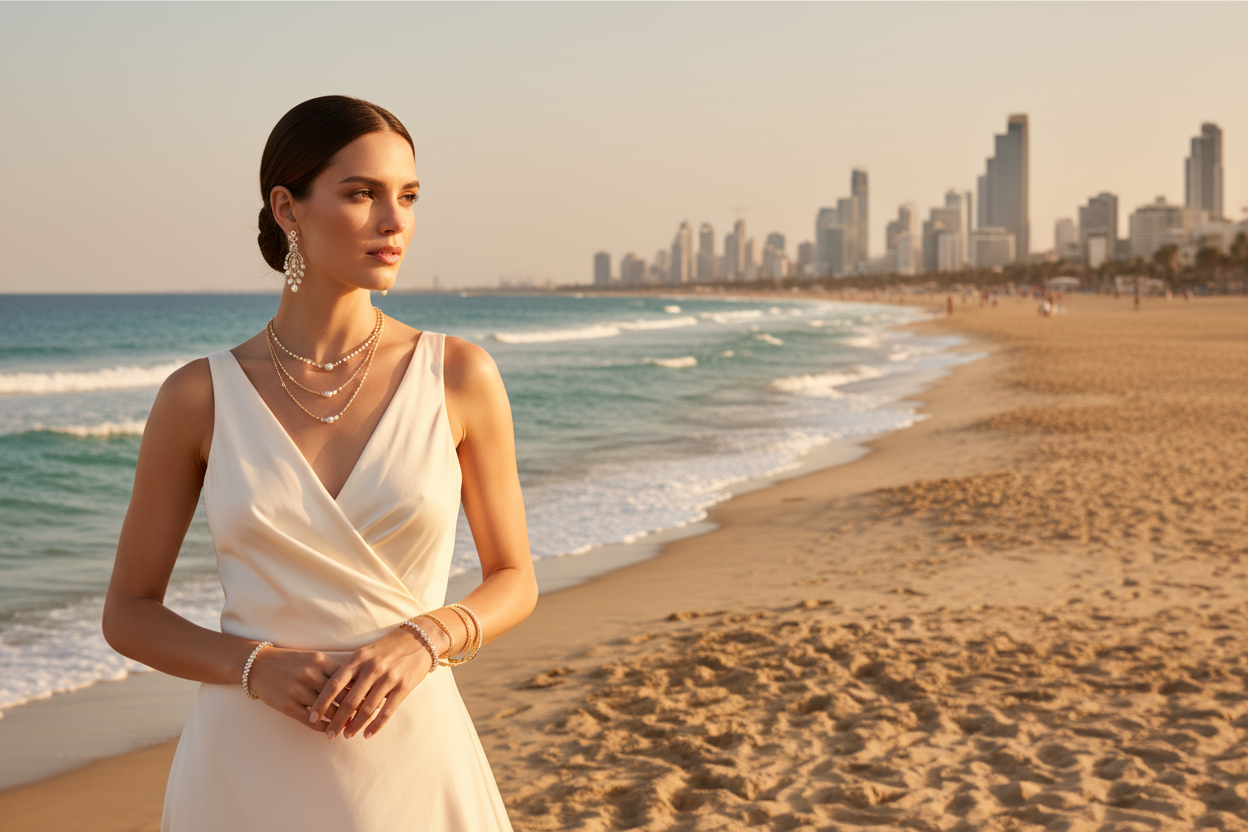 HERO לעמוד הבית לתצוגת DESKTOP אישה עם רקע של חוף יפ ועונדת את התכדיטים שלנו